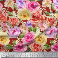 Soimoi Purple Rayon tkanina od listova, ružičaste i breskve akvarel ruže od ispisane plovne tkanine od dvorišta široko