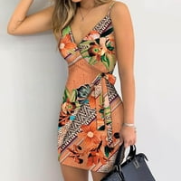 Ženska haljina bez rukava A-line mini casual V-izrez cvjetna ljetna haljina narančasta L