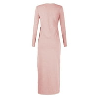 Ležerna haljina za žene - nova modna suknja s malim gumbom, čvrsto dugi rukava O-izrez ružičasta xxl