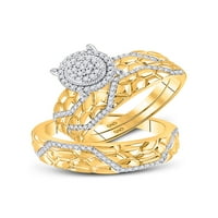 Čvrsta 10k žuto zlato i njezina okrugla dijamantski klaster podudaranje par tri prstena Nugget Bridal