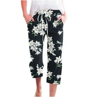 Atinetok obrezane pantalone za dame Ženske cvjetne kapri hlače Ljeto Confy pamučne posteljine elastične