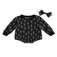 Biayxms Baby Girls Halloween Crna odjeća hladna skelet s dugim rukavima Print ROMPER sa lukom za glavu,
