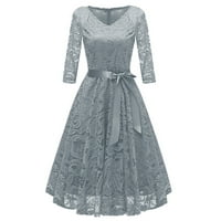 Haljina za žene, ženska moda Vintage V-izrez dugih rukava čipka čipke retro tanke večernje haljine sive