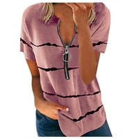 Bazyrey Womens V-izrez na vrhu ženske kratkih rukava prugasta polovica zip casual tunika majica PINK