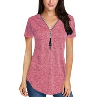 Bazyrey ženske vrhove kratkih rukava V-izrez Pola zip ženske ležerne ljetne majice ružičaste 2xl