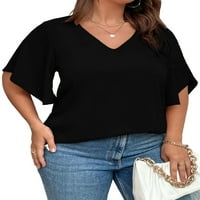 Ženski plus bluze casual solid v bluza za vrat crna 4xl