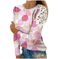 HHEI_K majice s dugim rukavima za žene Ženska modna tiskana rezana čipka Šuplja Okrugli vratni majica