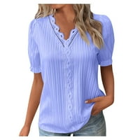 Cleance ženske bluze Dressy V-izrez casual bluza Čvrsti ženski bluze s kratkim rukavima, nebesko plavo,