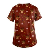 Blazyrey bluza za žene ženski božićni tisak kratkih rukava V-izrez V-izrez Radni džep bluza vino s