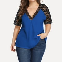 Bluze za žene plus veličine za žene čipke Bašinske majice V-izrez kratki rukav labavi ugradnju tunika Tuns Ladies Top Blue 4XL