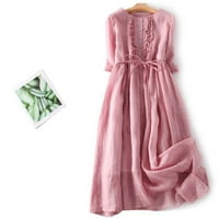 Dugme Down haljina za žene Vintage Dvostruko pamučna posteljina haljina za odmor O-izrez Čvrsta boja