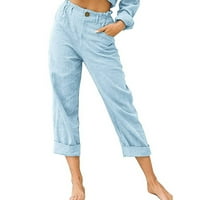 Fanxing široke pantalone za noge za žene plus veličina Ljetna casual pamučna posteljina kapri s džepovima,
