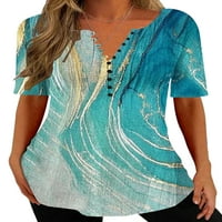 Bluza za žene V izrez kratkih rukava ljetni vrhovi cvjetni labav majica Tee Lake Green S