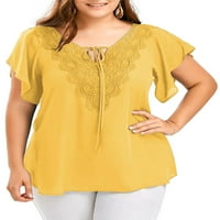 Dame šifonske vrhove V bluza tuničke bluze Čvrsta boja majica za žene čipke up majice Ljetni tee žuti