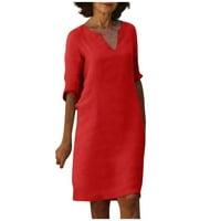 Ženska ljetna retro pune boje pamučna posteljina V-izrez pola rukave haljina od luke, crvena, xl