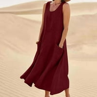 Ženska ljetna modna casual pune boje bez rukava bez rukava duga haljina s džepovima vino l
