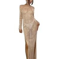 Žene Sequin Glitter Vidi kroz haljinu s dugim rukavima Bodycon Maxi haljina MESH Hollow Party Club haljina