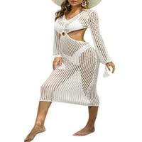 Eyicmarn žensko ljeto Tanak bikini haljina od pune boje s dugim rukavima V izrez šuplje od plaže odjeća