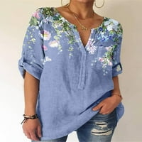 Ženska ljetna plus veličina labava moda V-izrez otisnuta majica s dugim rukavima tamno plavi xl